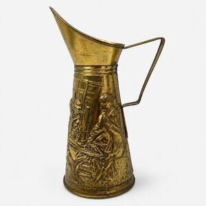 Vintage Embossed Brass Ewer Pitcher Figural Scene Hollywood Regency Decor